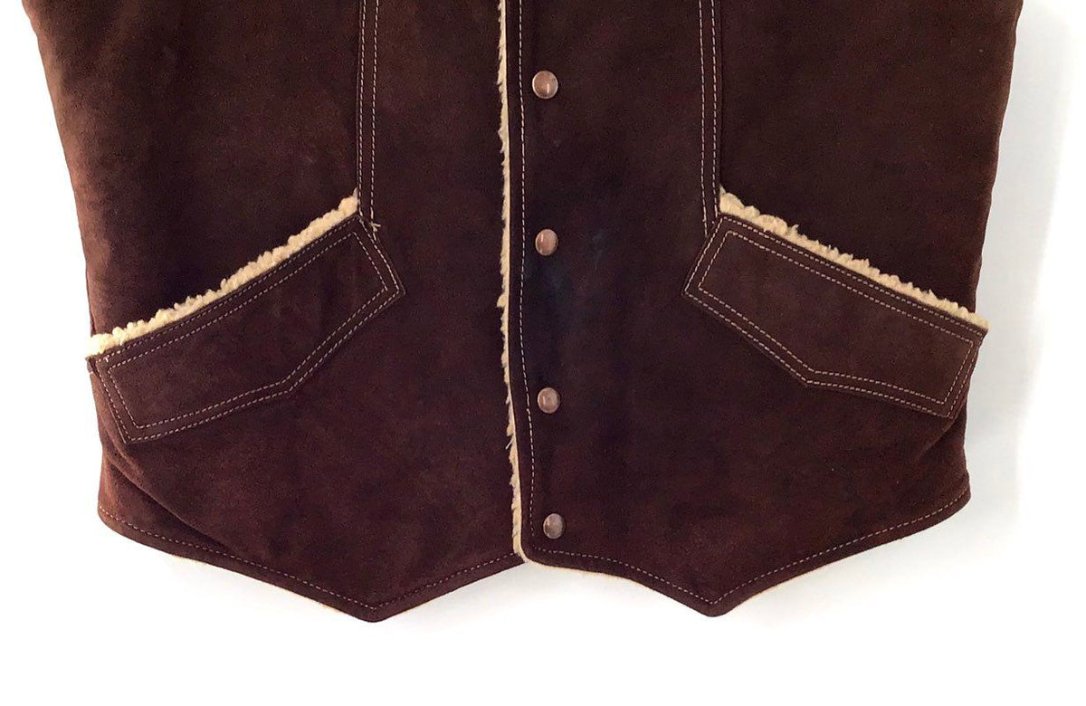 Vintage 70s JCPenney Men's Brown Suede Leather Sherpa Lined Western Vest Sz L
