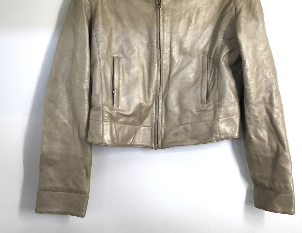 Vintage Y2K Ambition New York Women's Leather Jacket Tan Full Zip Cropped M