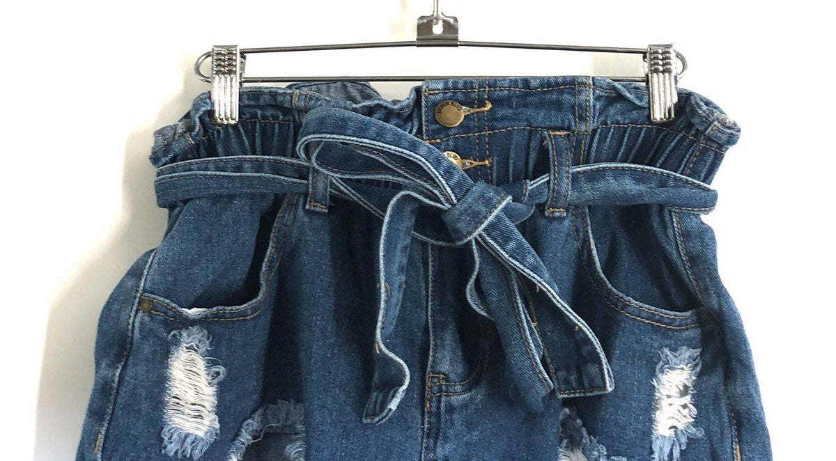 Denim Blvd Women's Blue Distressed Paperbag Waist Denim Shorts Ripped Sz S