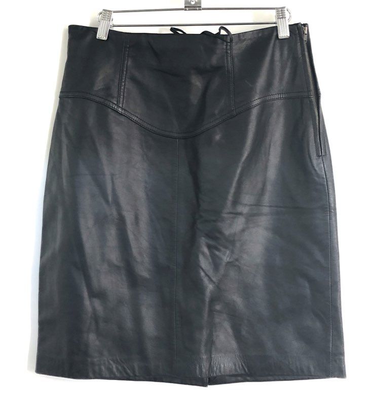 Vintage Y2K Express Women's Black Lace Up Genuine Leather Skirt Sz 9/10