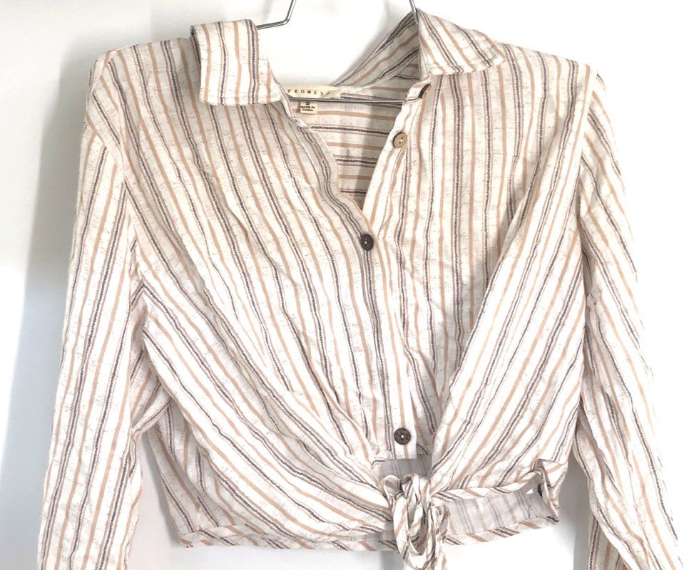 Promesa Women's Tan Striped Tie Front Long Sleeve Button Down Crop Blouse Sz S