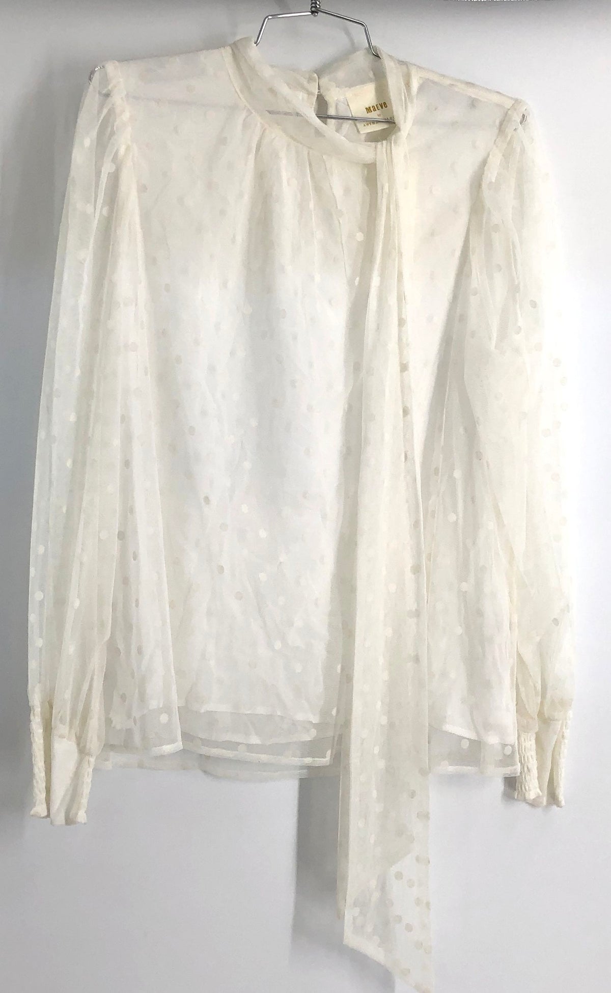 Maeve Anthropologie Women's Ivory Polka Dot Sheer Tie Neck Blouse Sz M NWT