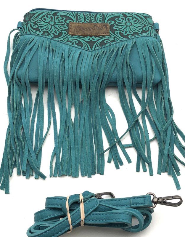 Wrangler Teal Tooled Floral Fringe Crossbody Wallet Bag Turquoise Western Boho