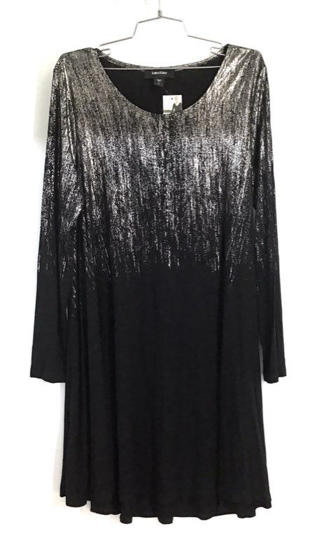 Karen Kane Women's Black Silver Metallic Ombre Holiday LS Dress Sz L NWT