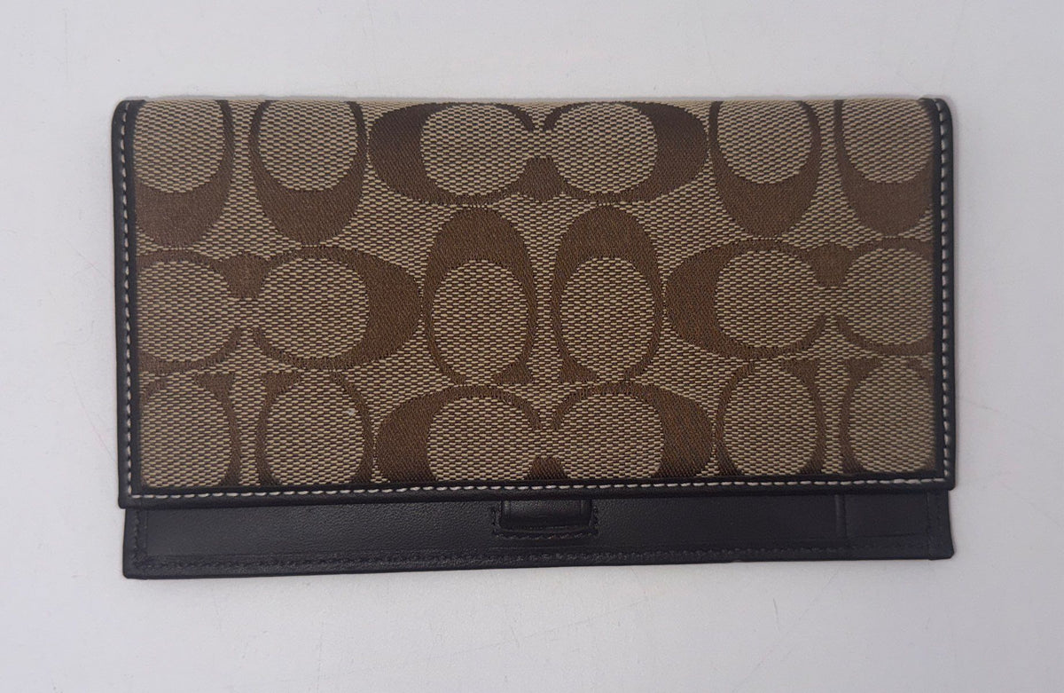 Coach Brown Khaki Signature Monogram Canvas Long Checkbook Cover Wallet