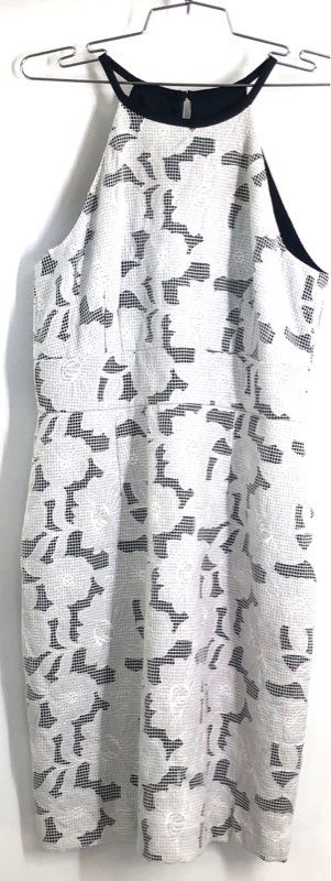 Katherine Kelly Women's Halter Dress White Floral Eyelet Navy Trim Size 8
