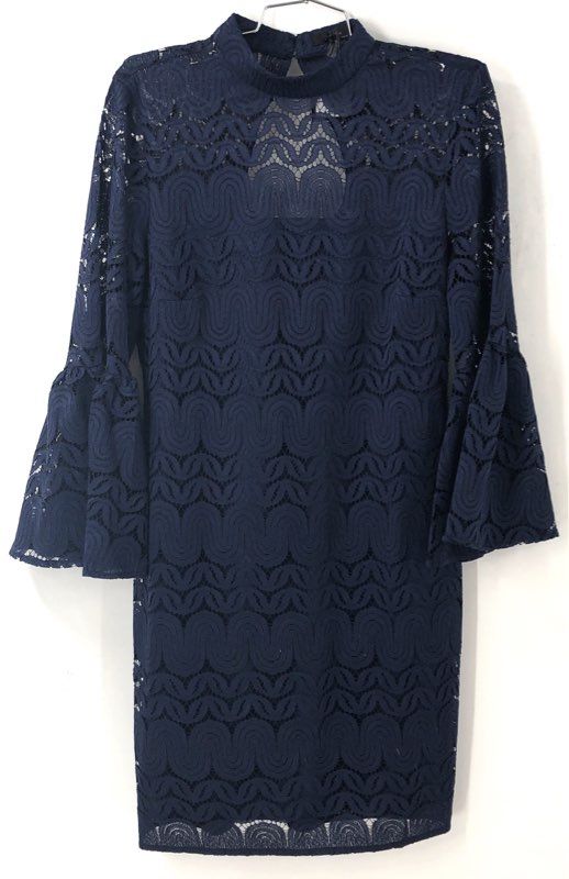Trina Turk NWT Women's Plume Dress Navy Blue Lace Mock Neck Bell Sleeve Sz 8