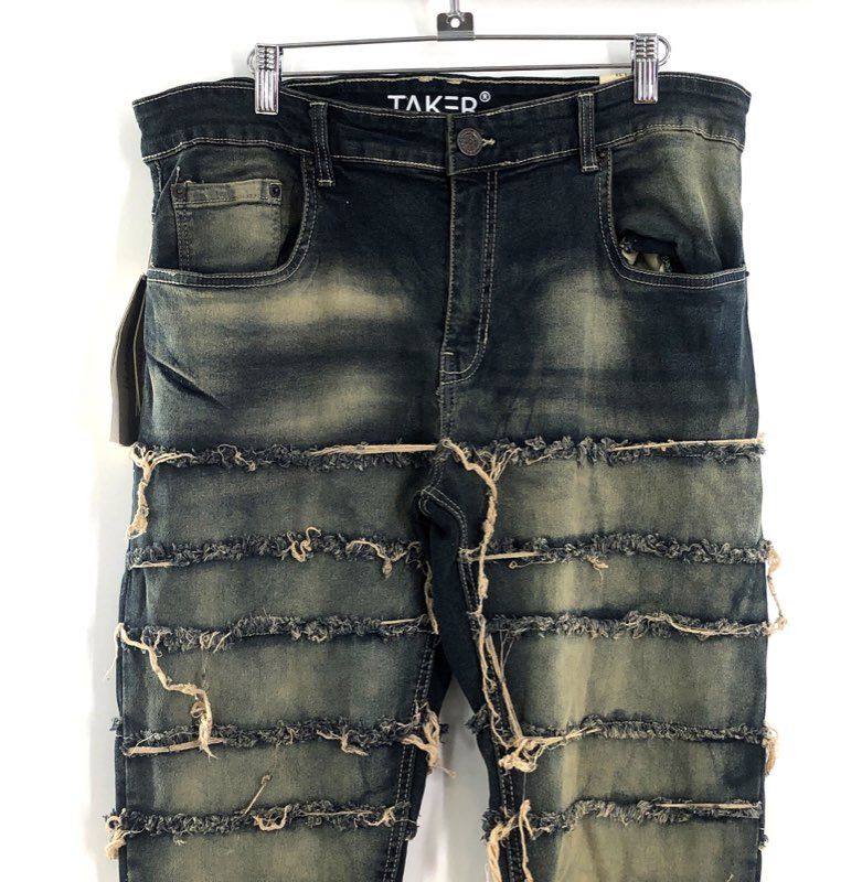 Taker Men's Skinny Fit Jeans Distressed Frayed Tiered Fringing Dark Wash 36x32