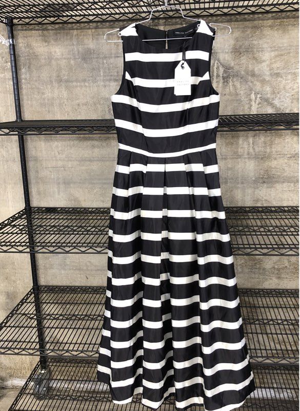 English Factory Women's Black White Striped Sleeveless Pleated Dress NWT Sz S