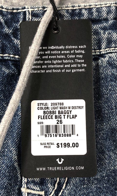 True Religion Women's Bobbi Baggy Big T Denim Fleece Pants Destroyed NWT Sz 26