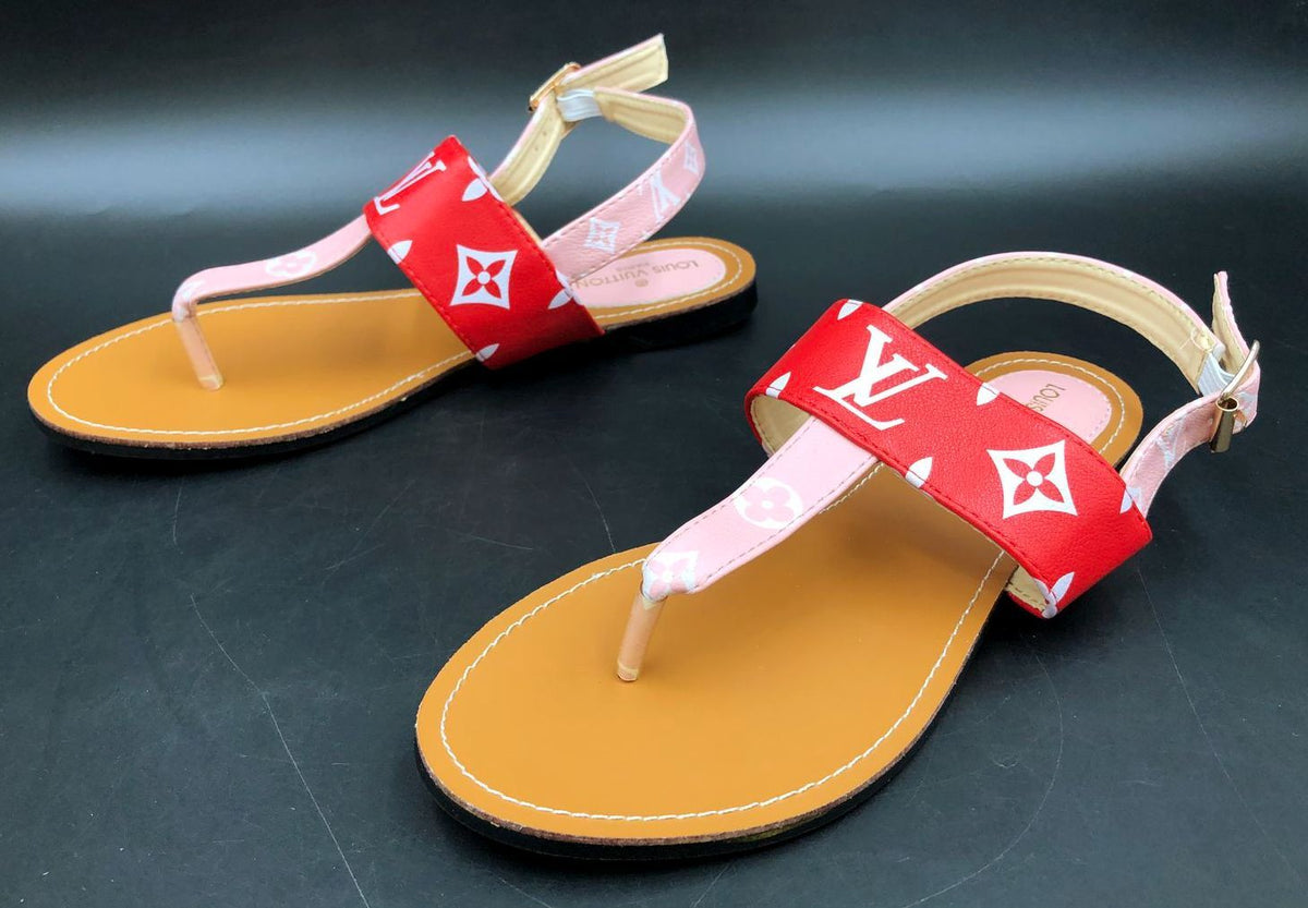 Louis Vuitton Inspired Women's Brown/Red/Pink Monogram Print Sandals - Size 38