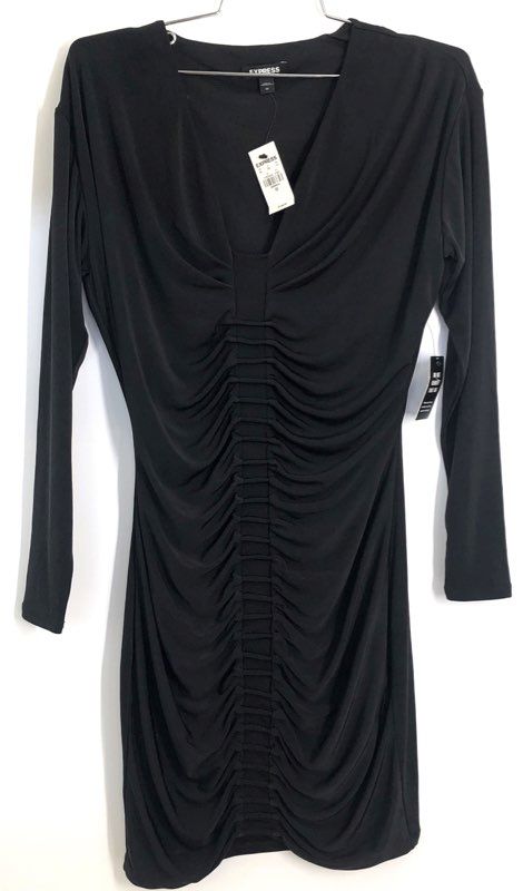 Express Women's Black Ruched Long Sleeve V-Neck Ladder Bodycon Dress XS NWT