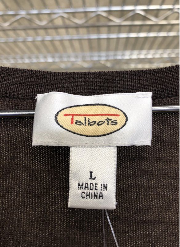 Talbots Women's Cardigan Sweater Brown Scarf Print Equestrian NWT Size L