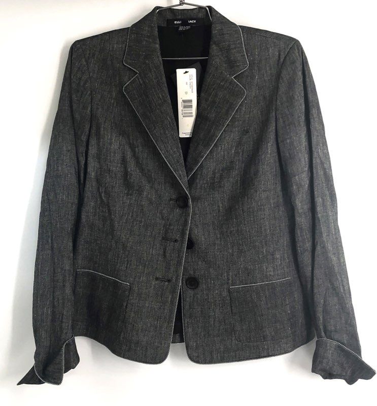 Ellen Tracy Women's Black Linen Blend Two-Button Blazer Jacket Sz 4 NWT
