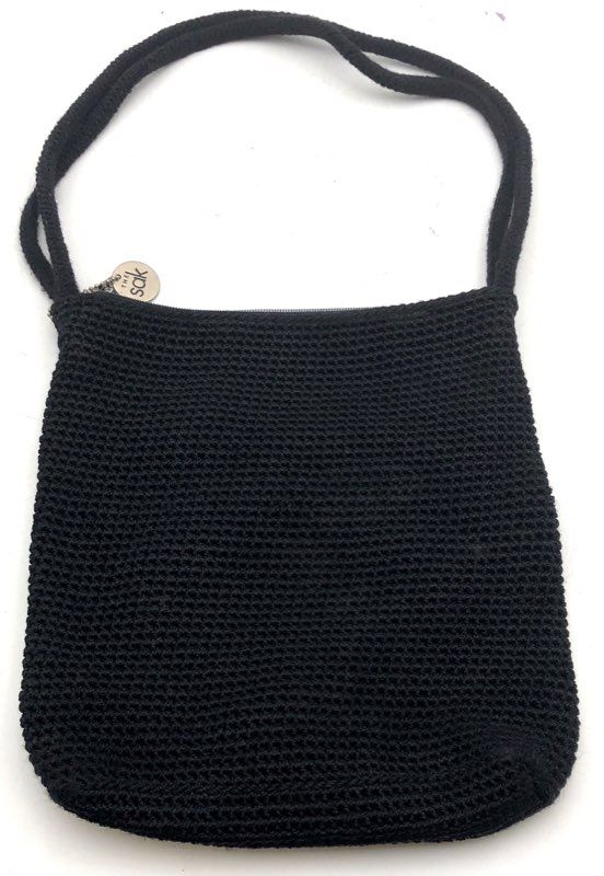 The Sak Black Tightweave Crochet Shoulder Bag Silver Hardware Logo