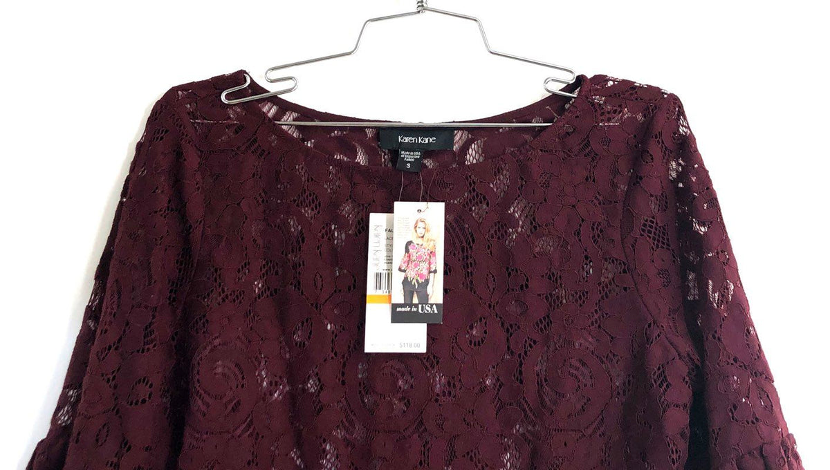 Karen Kane Women's Wine Floral Lace Bell Sleeve Blouse NWT Sz S