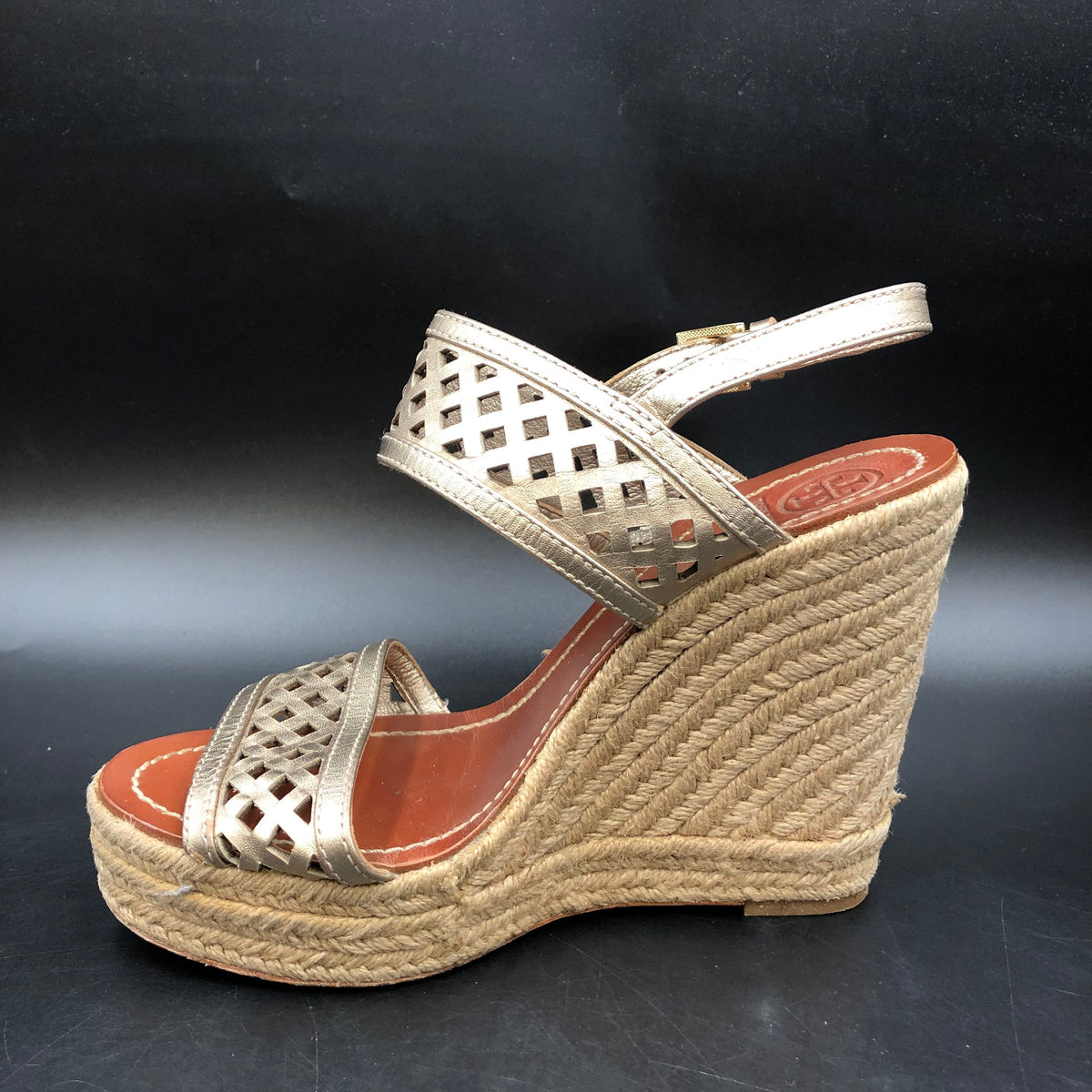 Tory Burch Metallic Gold Laser-Cut Espadrille Wedge Sandals Size 7 COA