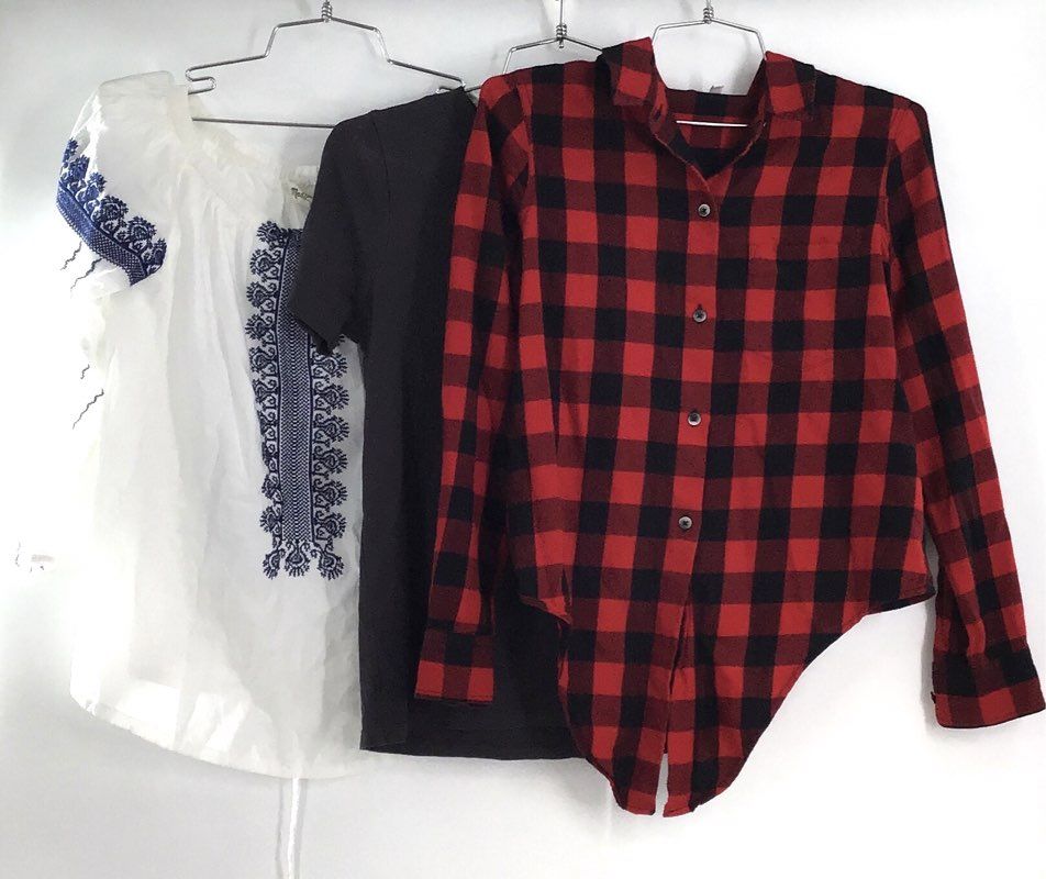 Madewell Women's Bundle 3 Pieces Embroidered Blouse Gray Tee Plaid Shirt XXS XS