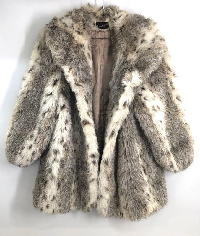 Lady Suzette Women's Faux Fur Coat Grey Tan Spotted Vintage 70s Made in USA
