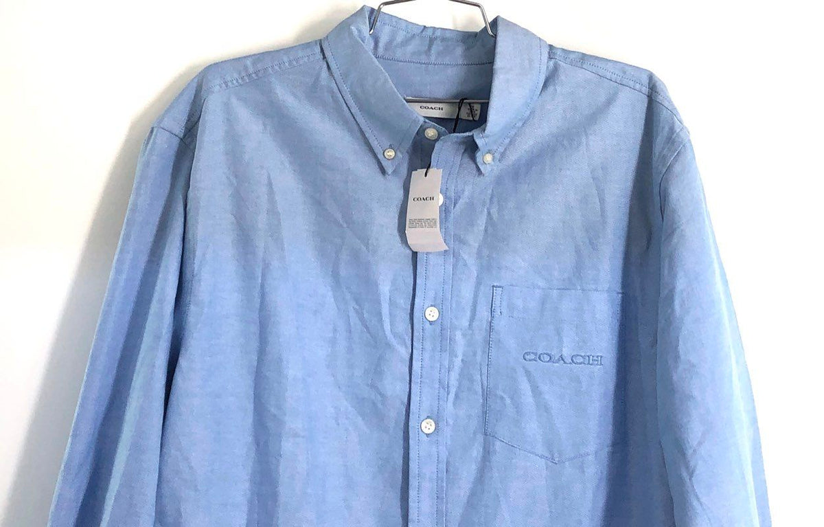 Coach Men's Winter Blue Long Sleeve Button Down Shirt Embroidered Logo NWT Sz M