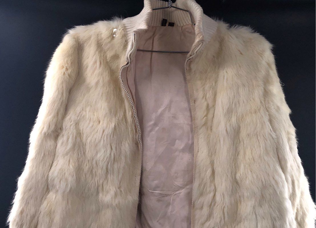 Vintage 90s Wilsons Leather Women's Cream Rabbit Fur Zip Up Jacket Sz M