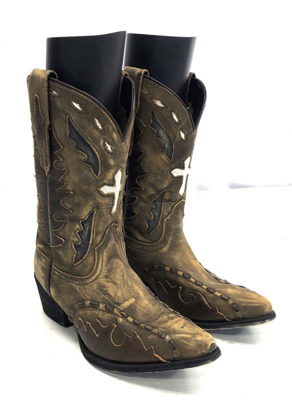 Dan Post DPC-3121 Distressed Brown Cross Inlay Youth Western Boots 4.5
