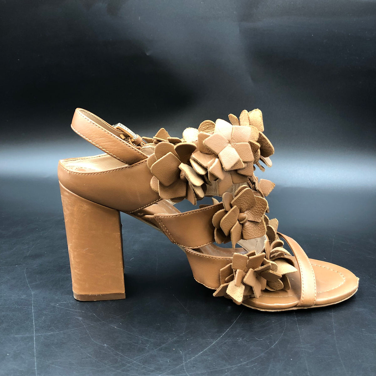 Tory Burch Blossom Floral Applique Brown Leather Block Heel Sandals Size 7 COA