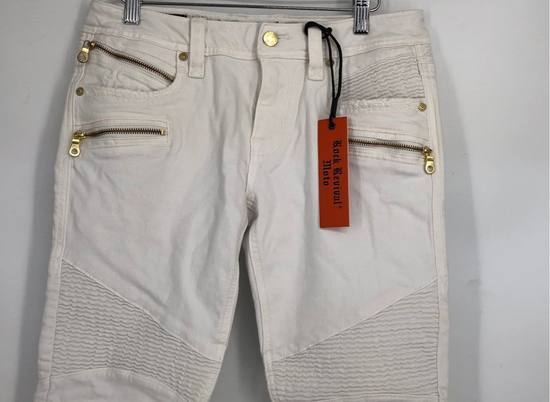 NWT Rock Revival Women&#39;s White Gaby Moto Denim Skinny Jeans - Size 29