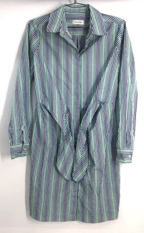 Calvin Klein Women's Blue Green Striped Tie Waist Long Sleeve Shirt Dress Sz 4