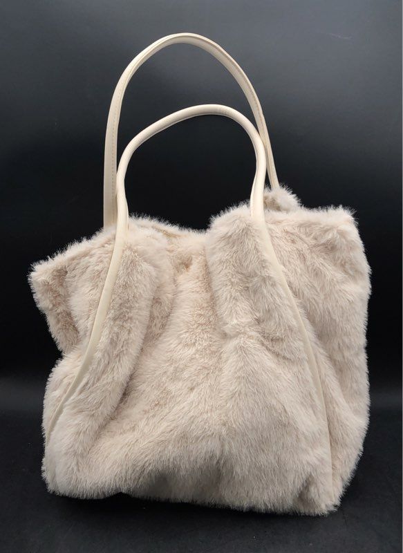 Victoria's Secret Cream Faux Fur Tote Bag Gold Hardware Shoulder Bag