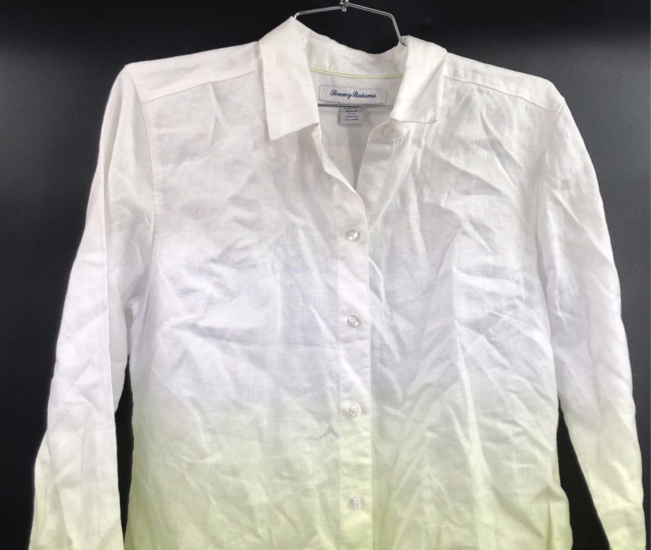 Tommy Bahama Women's White Lime Green Ombre Linen Button Down Shirt Sz XS