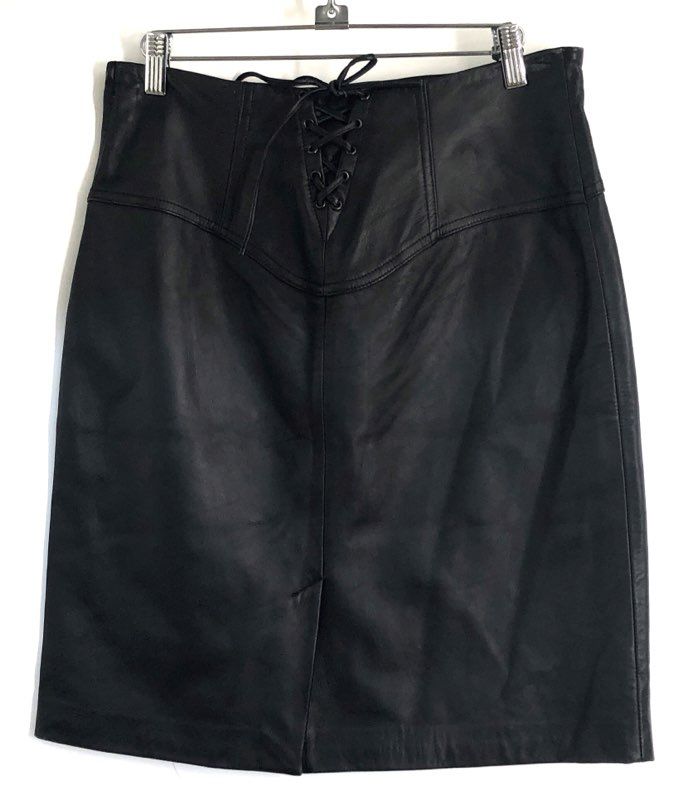 Vintage Y2K Express Women's Black Lace Up Genuine Leather Skirt Sz 9/10