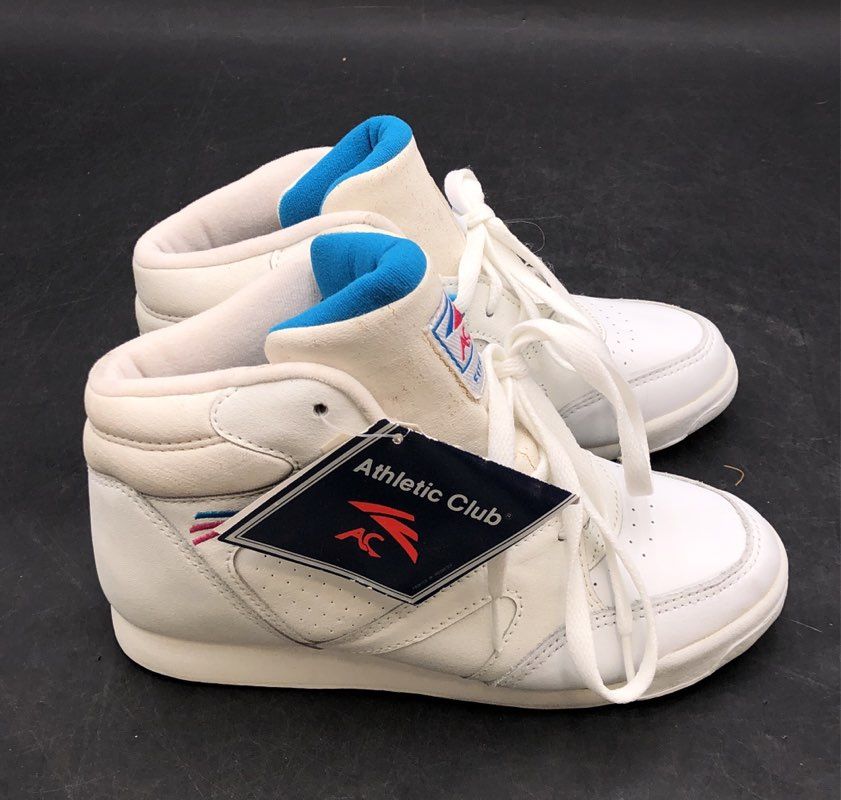 Vintage 90s Athletic Club AC Fitness High Top Sneakers White Blue Red Size 5 DS