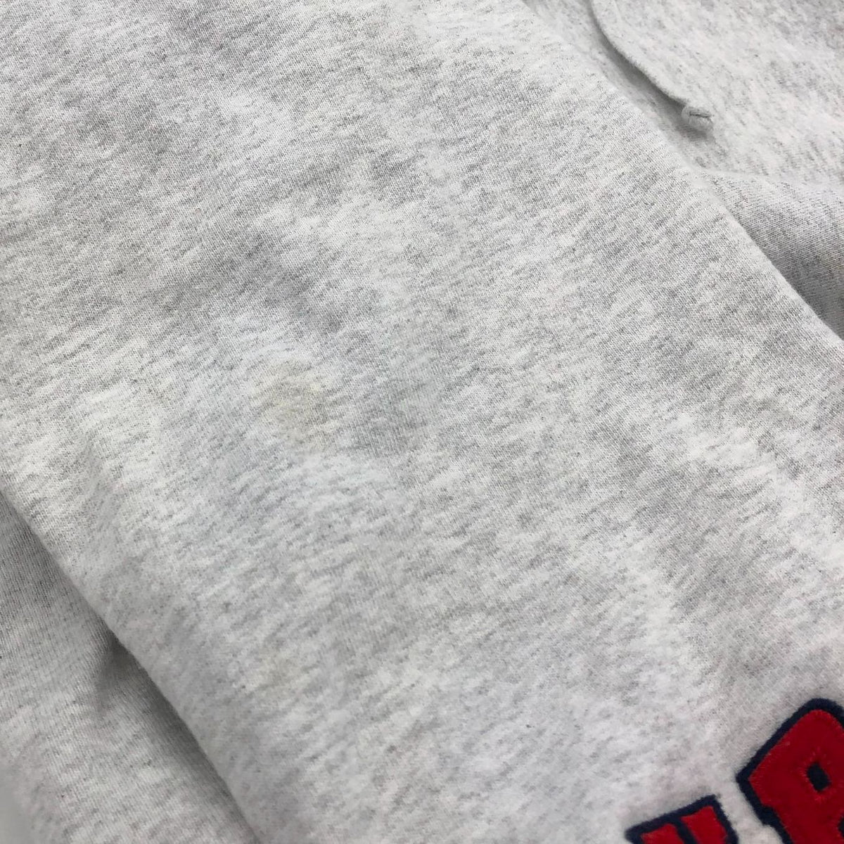 Supreme Light Heathered Grey Hoodie with Red/Blue Sleeve Logo Patches - Size L