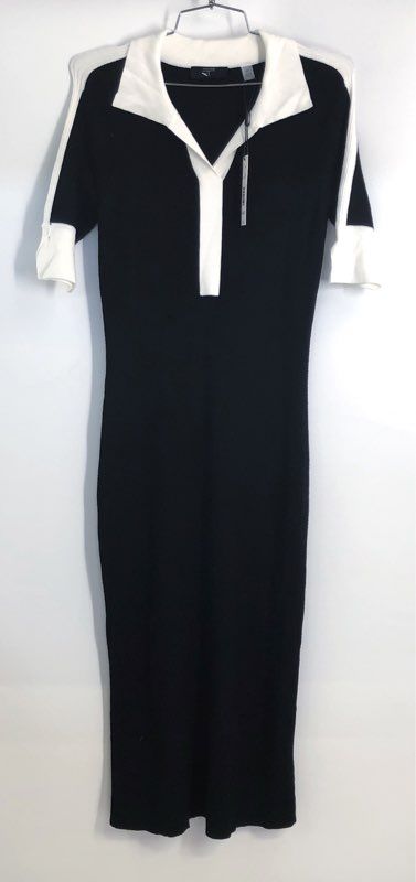 Tahari Women's Black White Ribbed Knit Polo Midi Dress Short Sleeve NWT Sz S/P