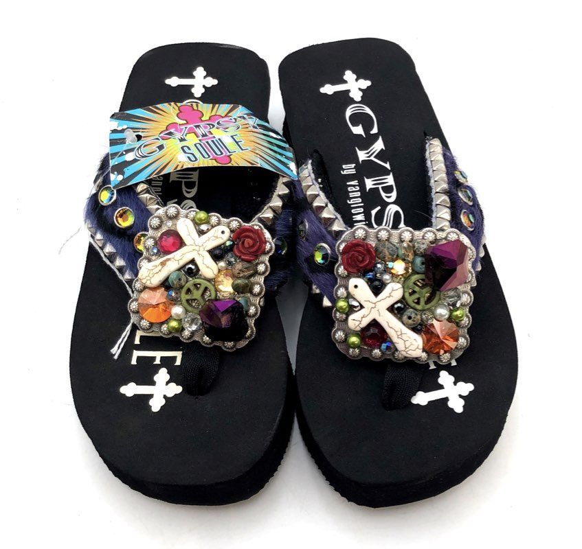 Gypsy Soule Rockz Black Purple Zebra Studded Wedge Sandals Women's Size 7 NWT