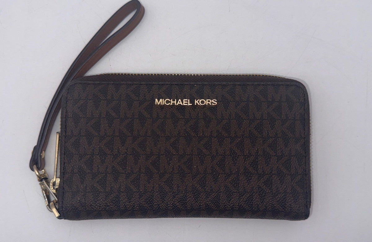 Michael Kors Brown Monogram Jet Set Travel Continental Zip Around Wristlet