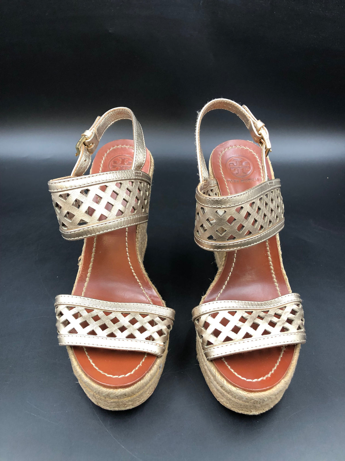 Tory Burch Metallic Gold Laser-Cut Espadrille Wedge Sandals Size 7 COA