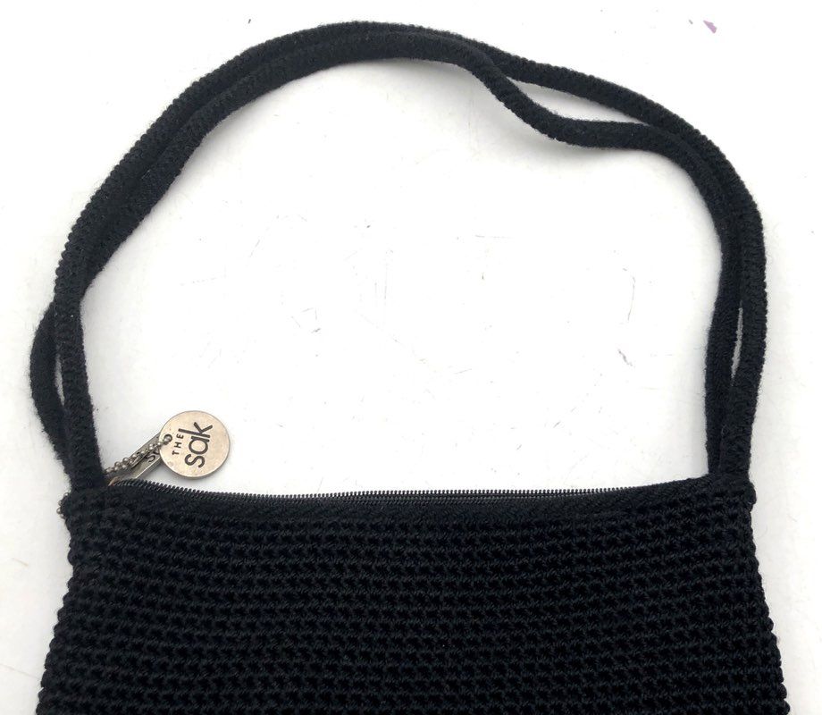 The Sak Black Tightweave Crochet Shoulder Bag Silver Hardware Logo