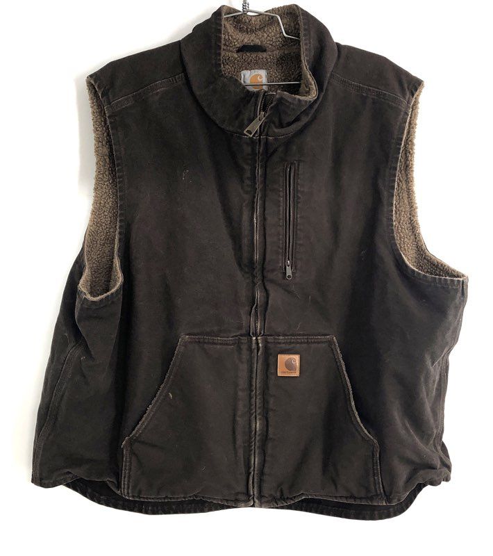 Carhartt V33 DKB Sandstone Duck Sherpa Lined Mock Neck Work Vest Brown Sz 2XL