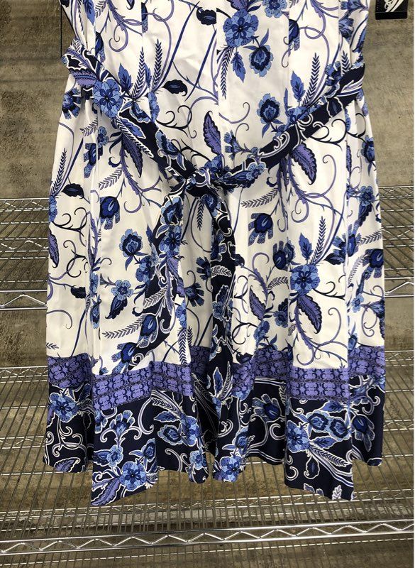 Nine West Women's Dress White Blue Floral A-Line V-Neck Belted Sz 14 NWT