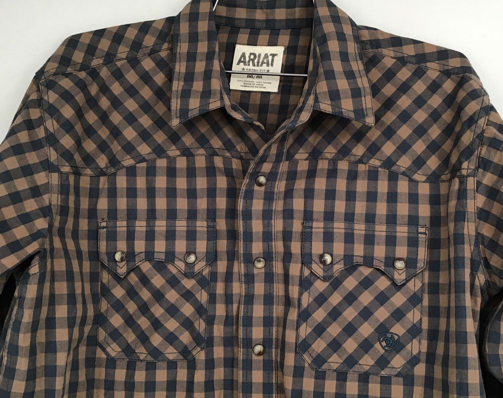 Ariat Men&#39;s Brown Black Check Button-Up Shirt - Size M