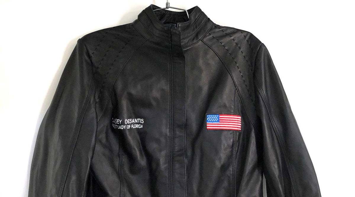NY Jackets Casey DeSantis Where Woke Goes To Die Black Leather Jacket Sz L