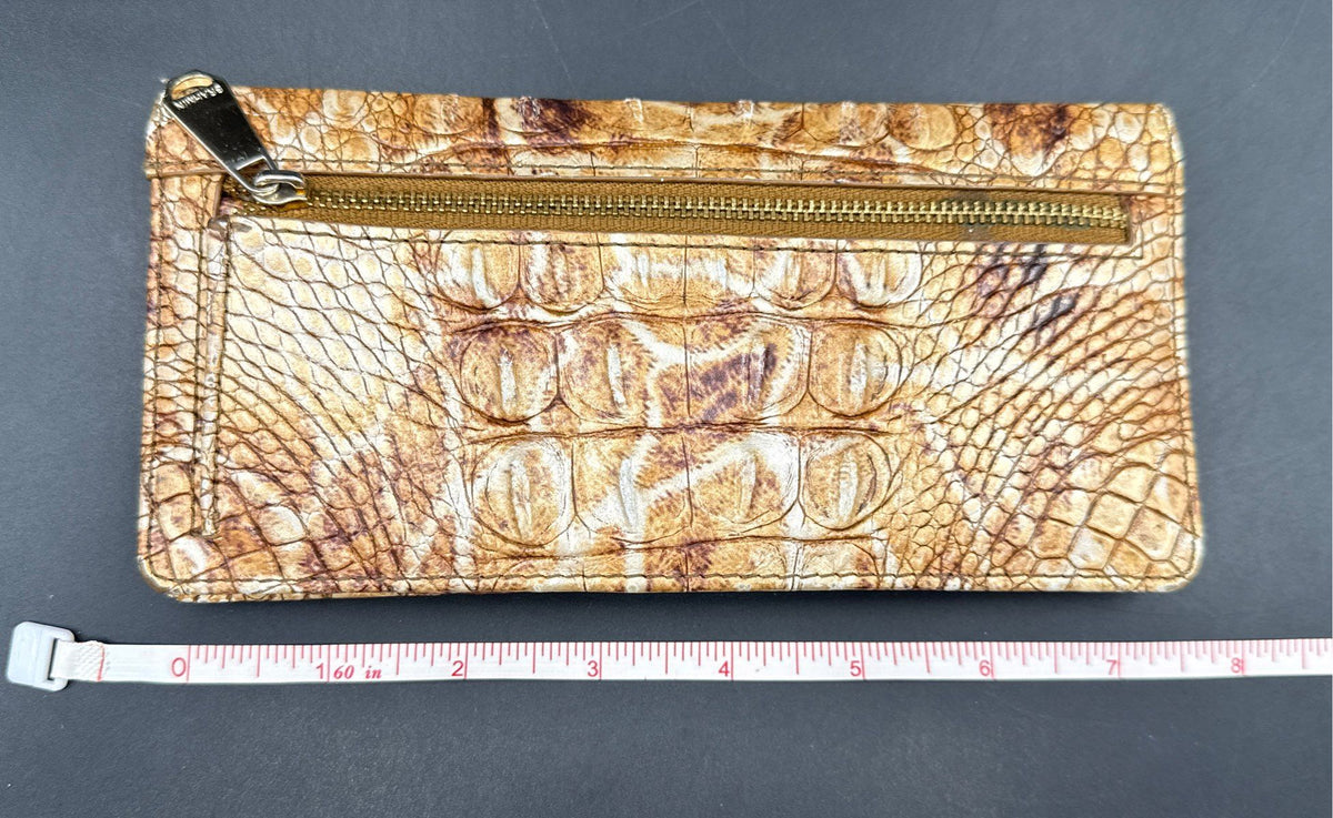 Brahmin Tan Gold Croc Embossed Leather Slim Tri-fold Wallet Gold Hardware
