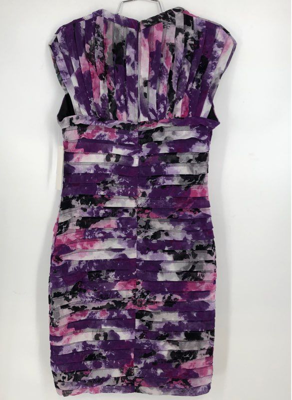 Adrianna Papell Women's Purple Pink Floral Tiered Tulle Square Neck Dress NWT 14