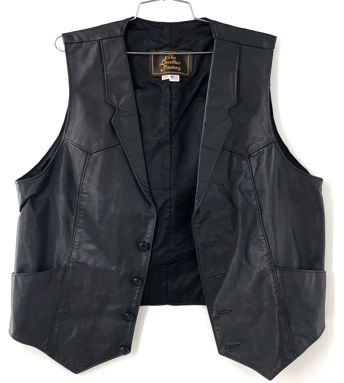 The Leather Factory Men's Black Leather Western Biker Vest Made in USA Sz 44R