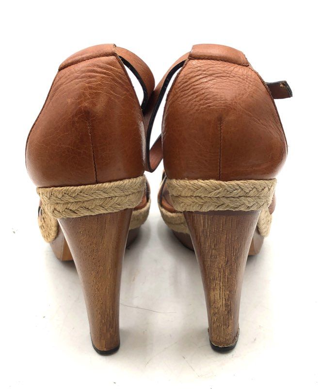 Coach Tan Leather Strappy Espadrille Platform Wedge Sandals Women's Size 7.5 B