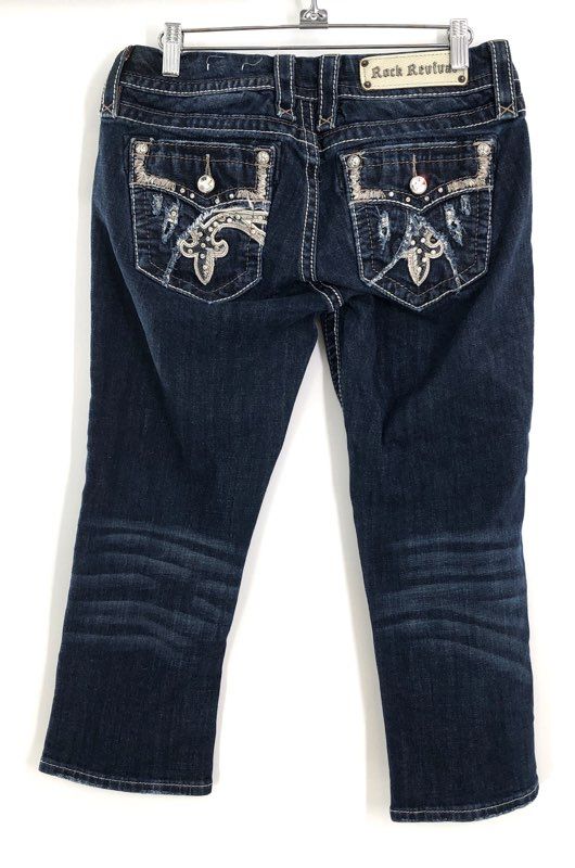 Rock Revival Women's Rubella EP Capri Jeans Dark Wash Embellished Pockets Sz 27