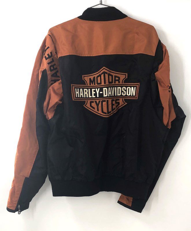 Vintage Harley-Davidson Nylon Bomber Jacket Embroidered Back Logo Orange Sz M