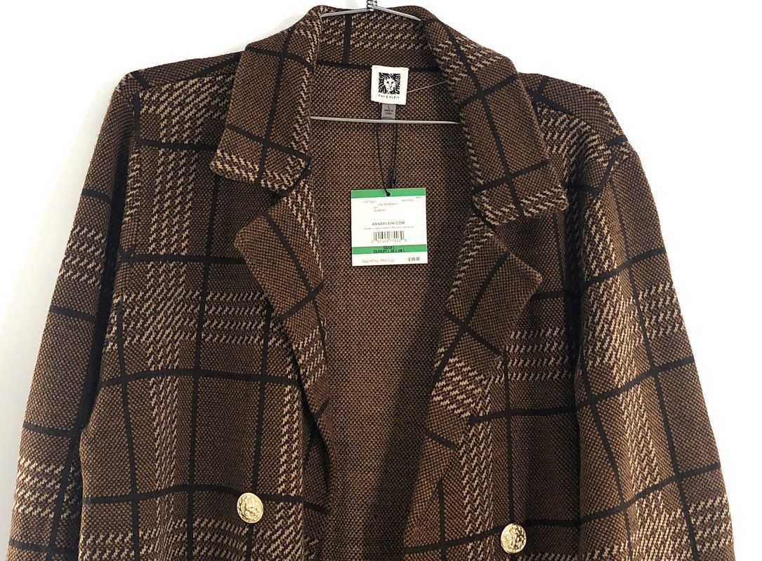 Anne Klein Women's Brown Plaid Knit Topper Sweater Jacket New With Tags Sz L